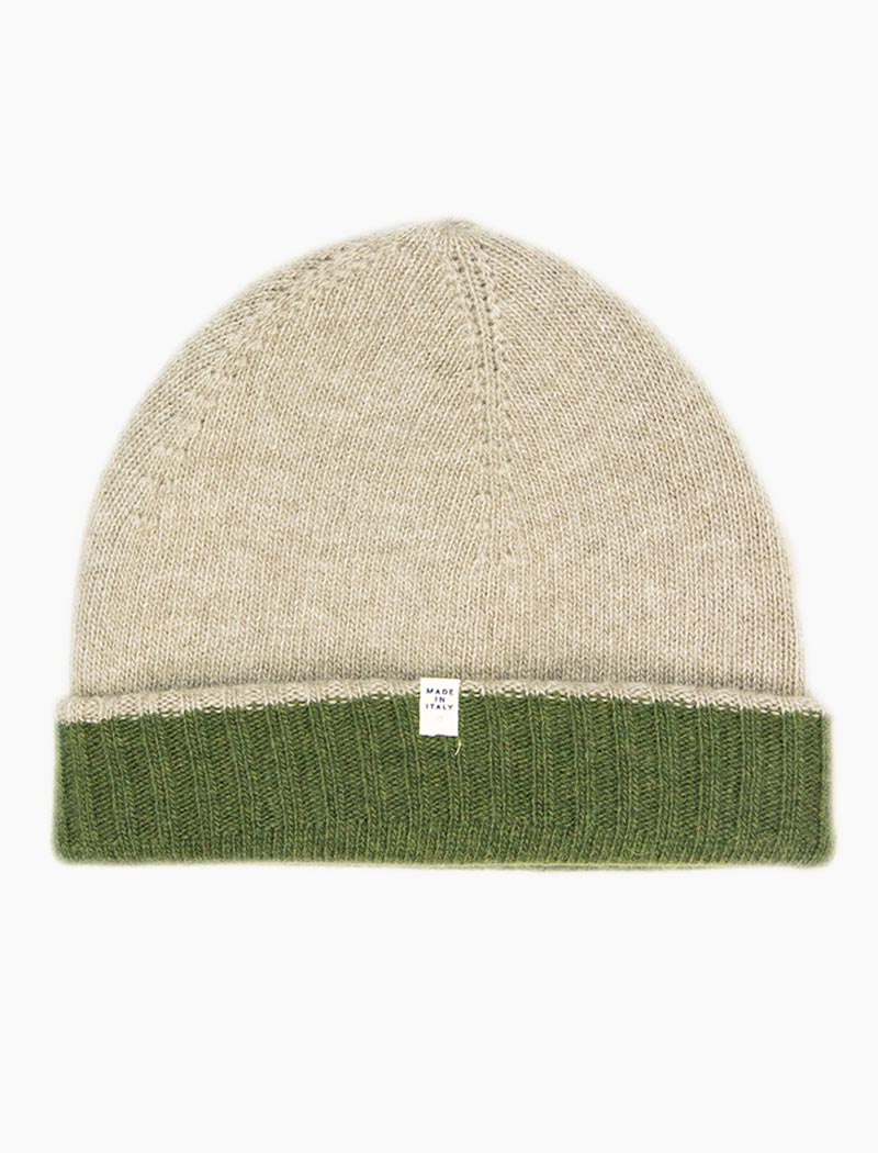 Green & Beige Reversible Fitted Wool & Cashmere Beanie | 40 Colori 