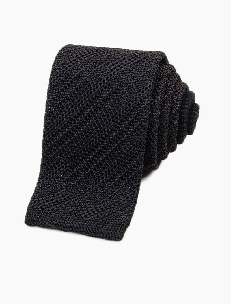 Black Solid Diagonal Silk Knitted Tie | 40 Colori