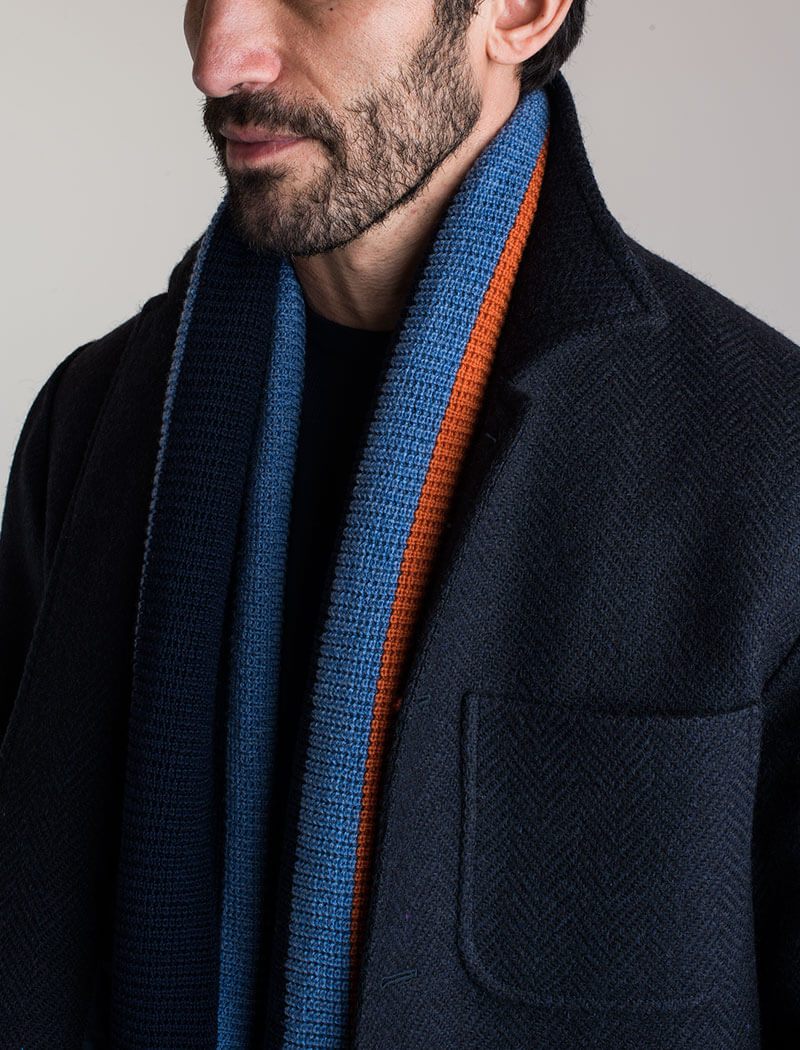 Navy & Orange Vertical Striped Knitted Wool Scarf | 40 Colori