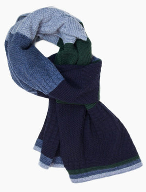 Navy & Green Textured Thick Striped Knitted Wool & Cashmere Scarf | 40 Colori