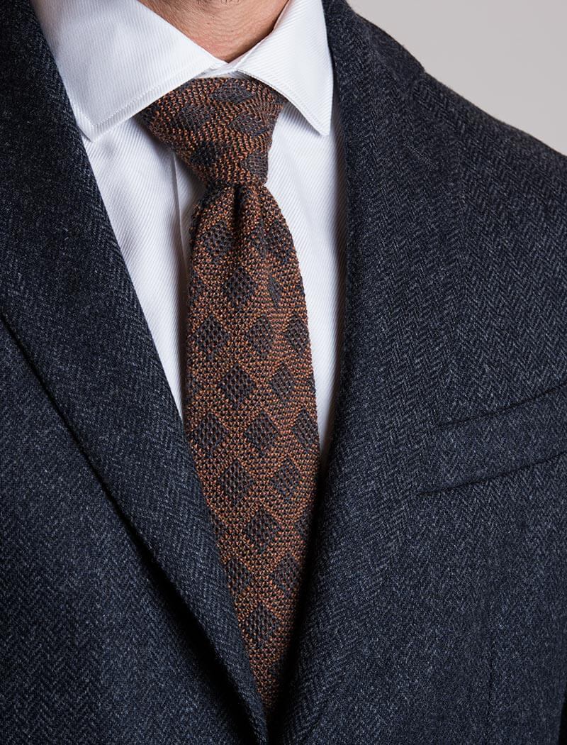Grey & Orange Diamond Check Wool Knitted Tie | 40 Colori 