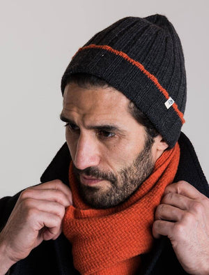 Charcoal & Orange Wide Ribbed Wool & Cashmere Beanie | 40 Colori 