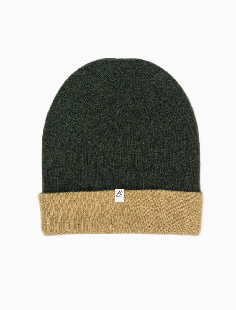 Olive Green & Beige Light Reversible Wool & Cashmere Beanie | 40 Colori