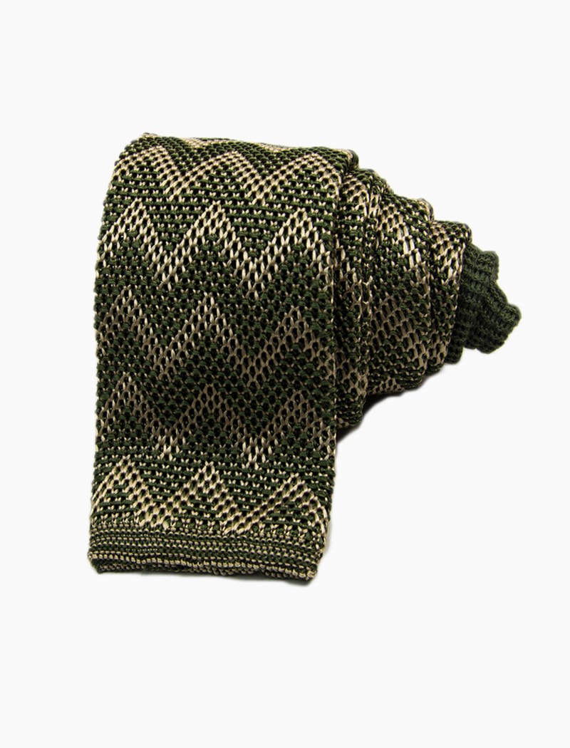 Olive Green Chevron Striped Silk Knitted Tie