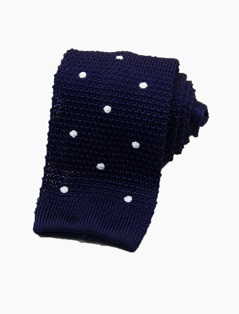 Navy Embroidered Polka Dot Silk Knitted Tie