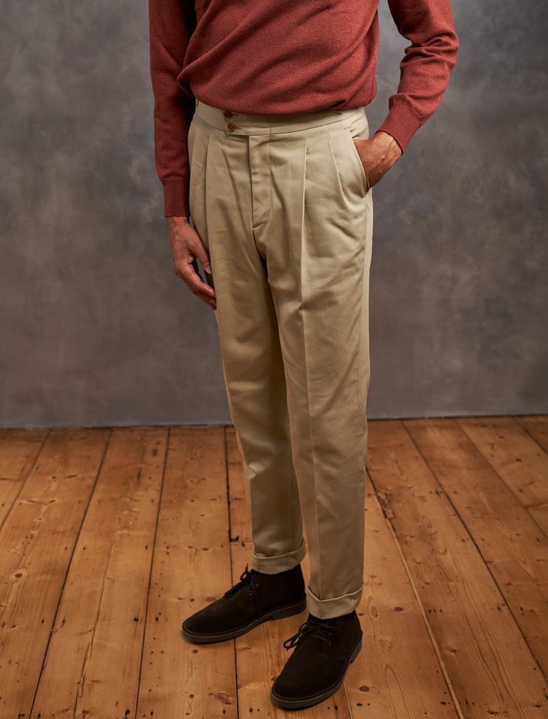 Men's Beige Cavalry Twill Cotton High Waisted Trousers - 40 Colori