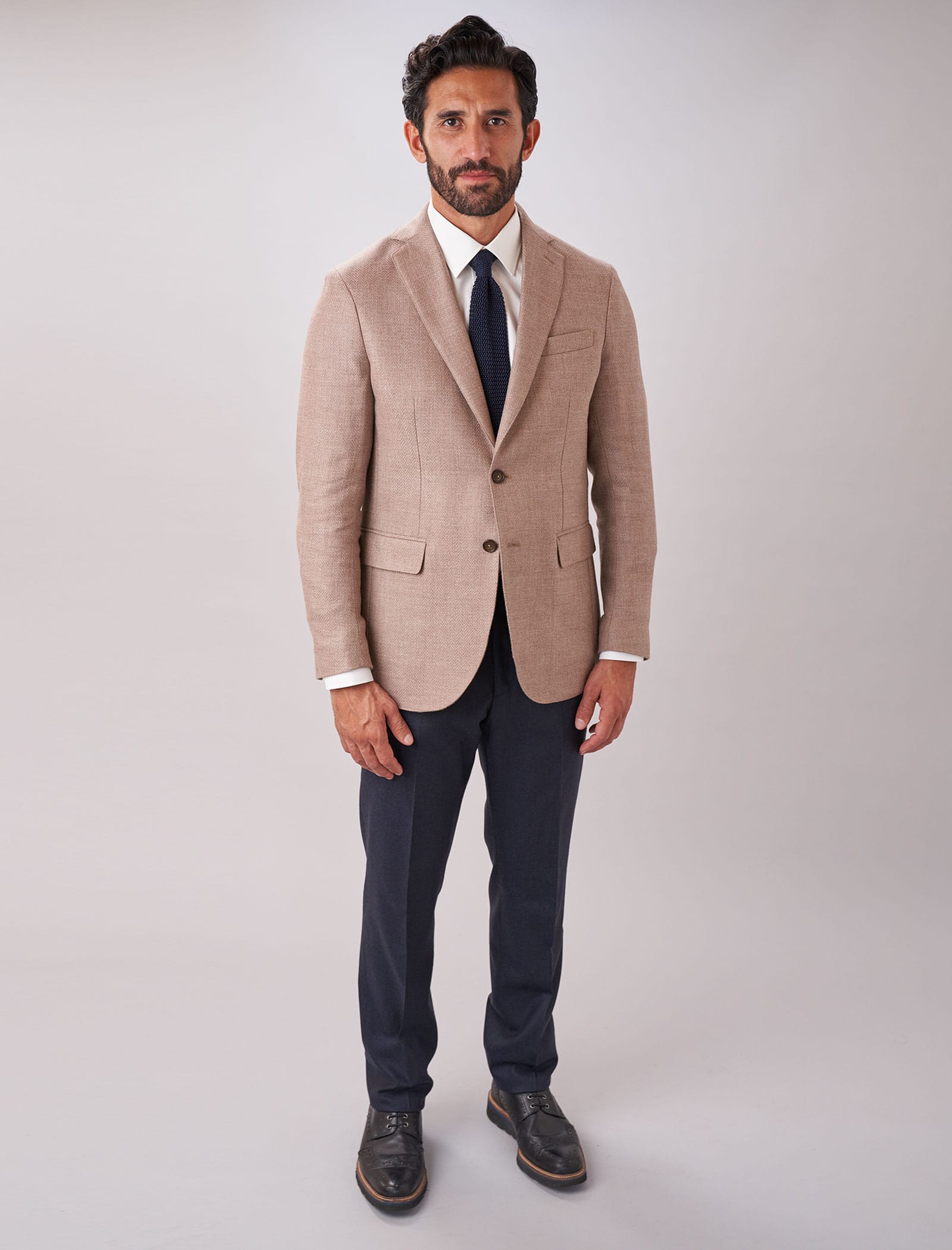 Men's Light Beige Herringbone Wool & Cashmere Blazer - 40 Colori