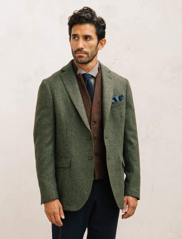 Men's Green Plain Weave Shetland Wool Blazer - 40 Colori