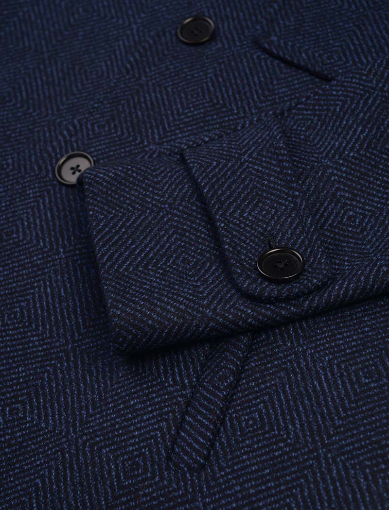 Blue & Black Zigzag Wool Overcoat | 40 Colori