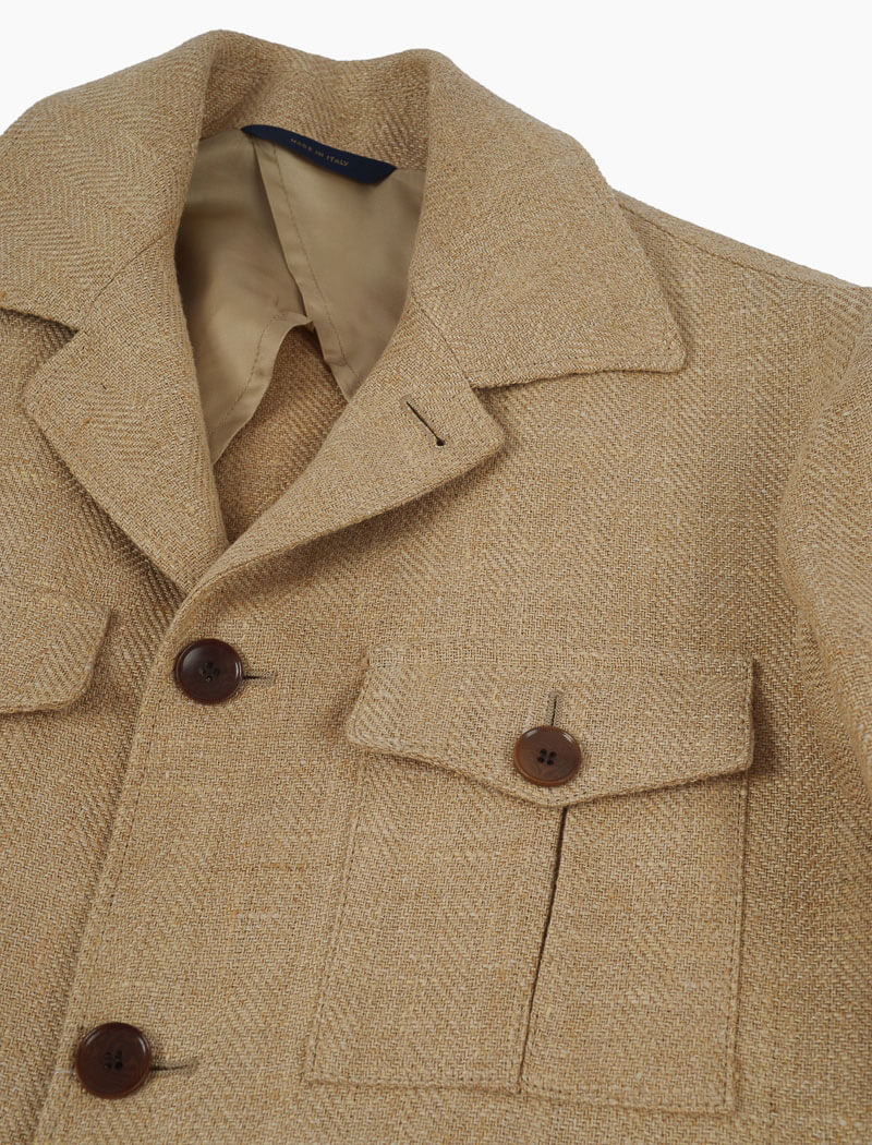 Beige Textured Herringbone Linen Field Jacket | 40 Colori
