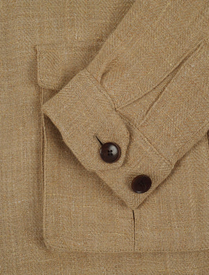 Beige Textured Herringbone Linen Field Jacket | 40 Colori