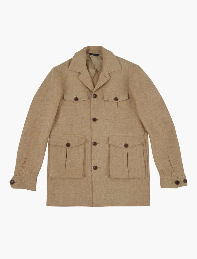 Beige Textured Herringbone Linen Field Jacket | 40 Colori