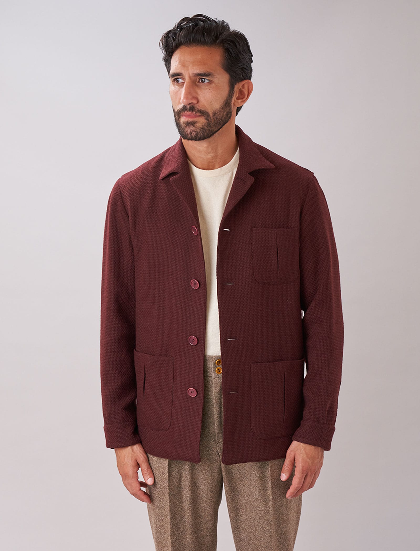 Burgundy Basket Weave Wool & Cashmere Shacket | 40 Colori