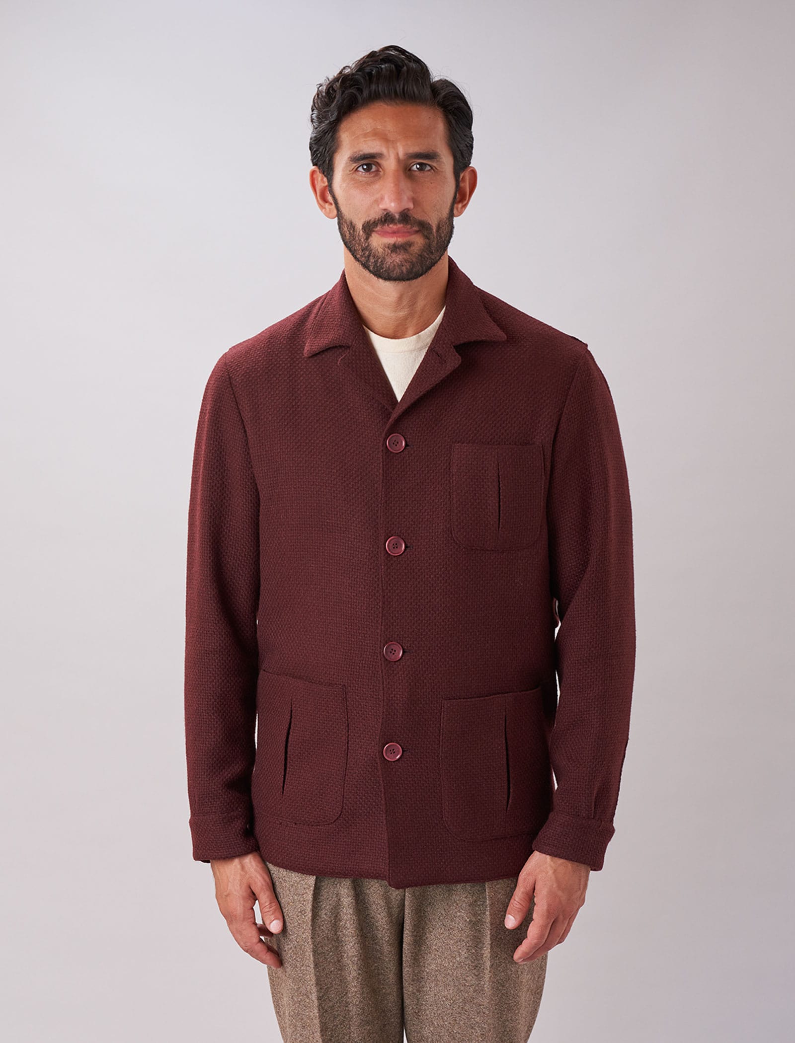 Burgundy Basket Weave Wool & Cashmere Shacket | 40 Colori