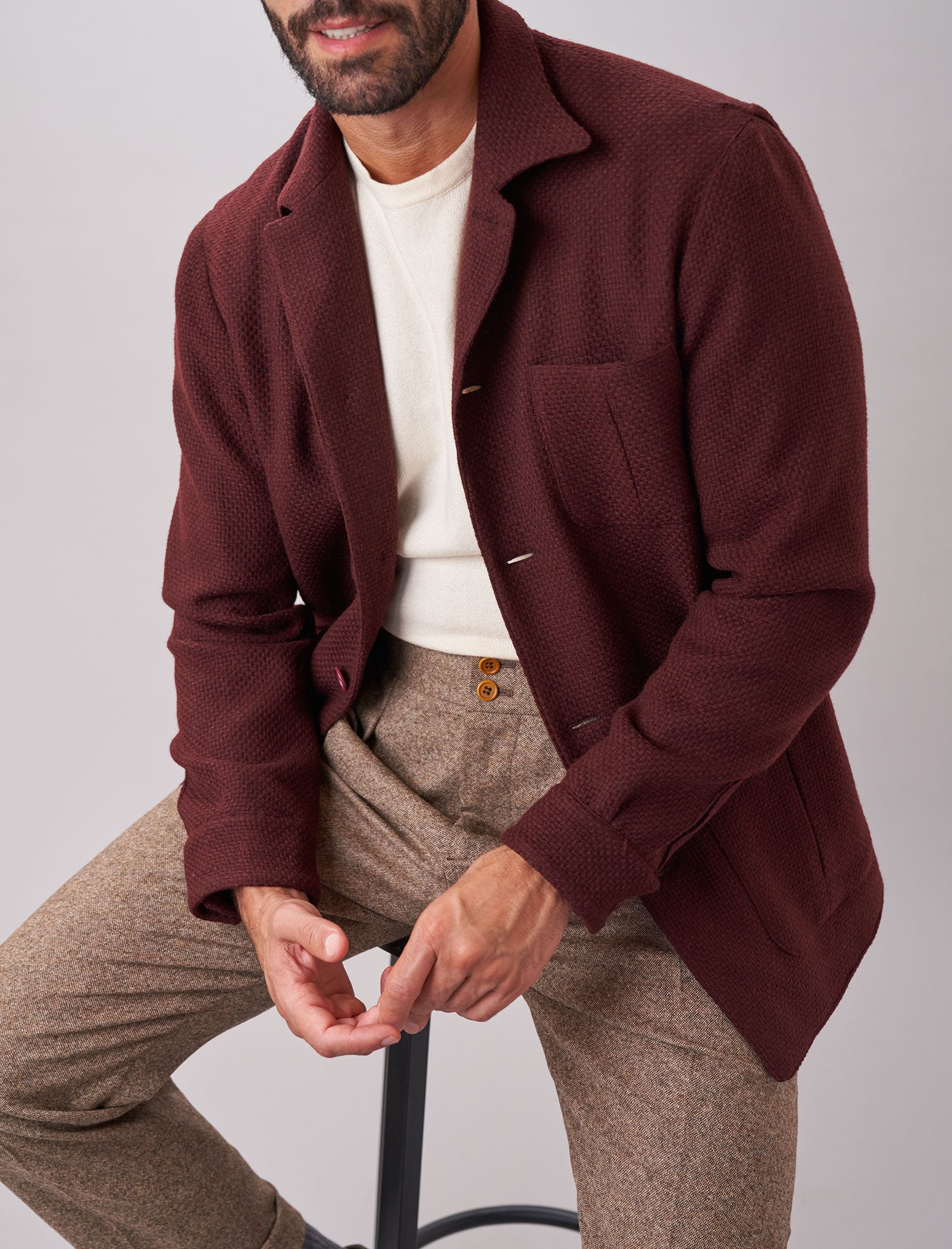 Burgundy Basket Weave Wool & Cashmere Shacket | 40 Colori