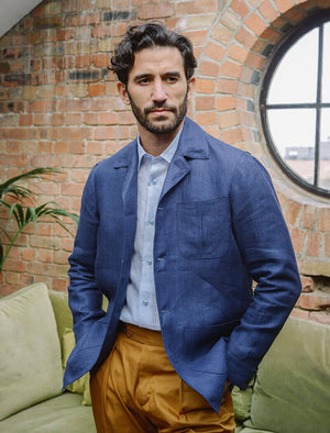 Royal Blue Herringbone Linen Shacket | 40 Colori