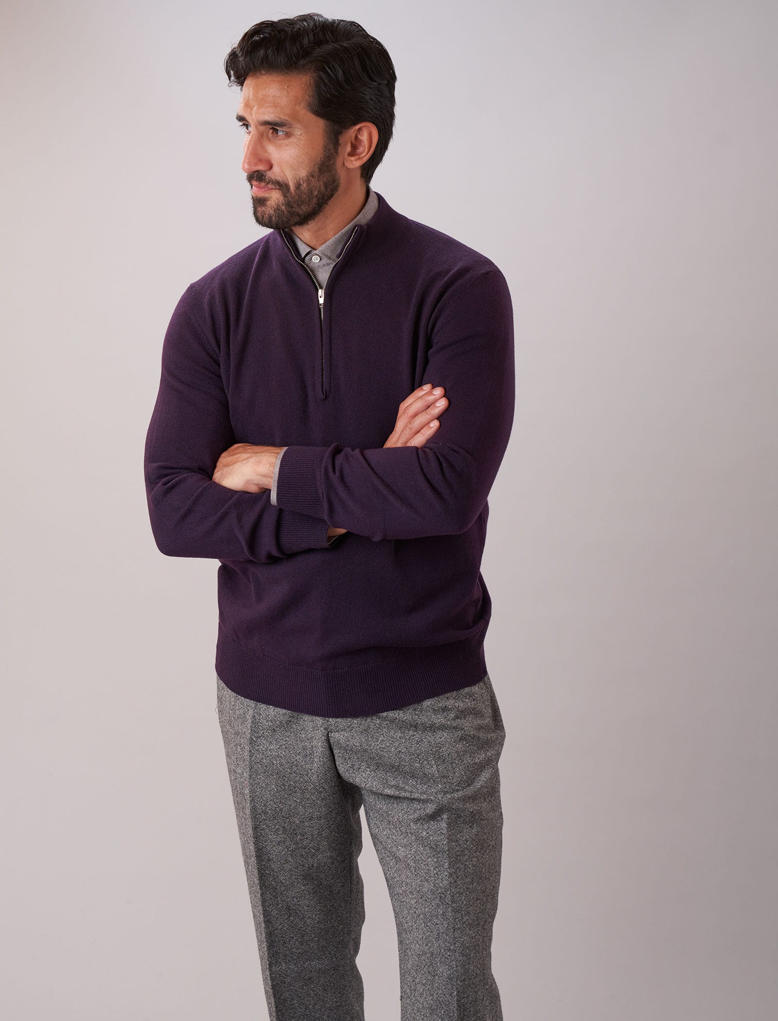 Dark Plum Mock Neck Cashmere Quarter Zip Jumper | 40 Colori 