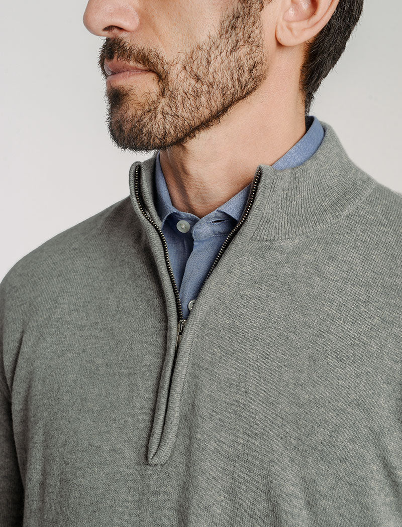 Grey Mock Neck Cashmere Quarter Zip Jumper | 40 Colori 