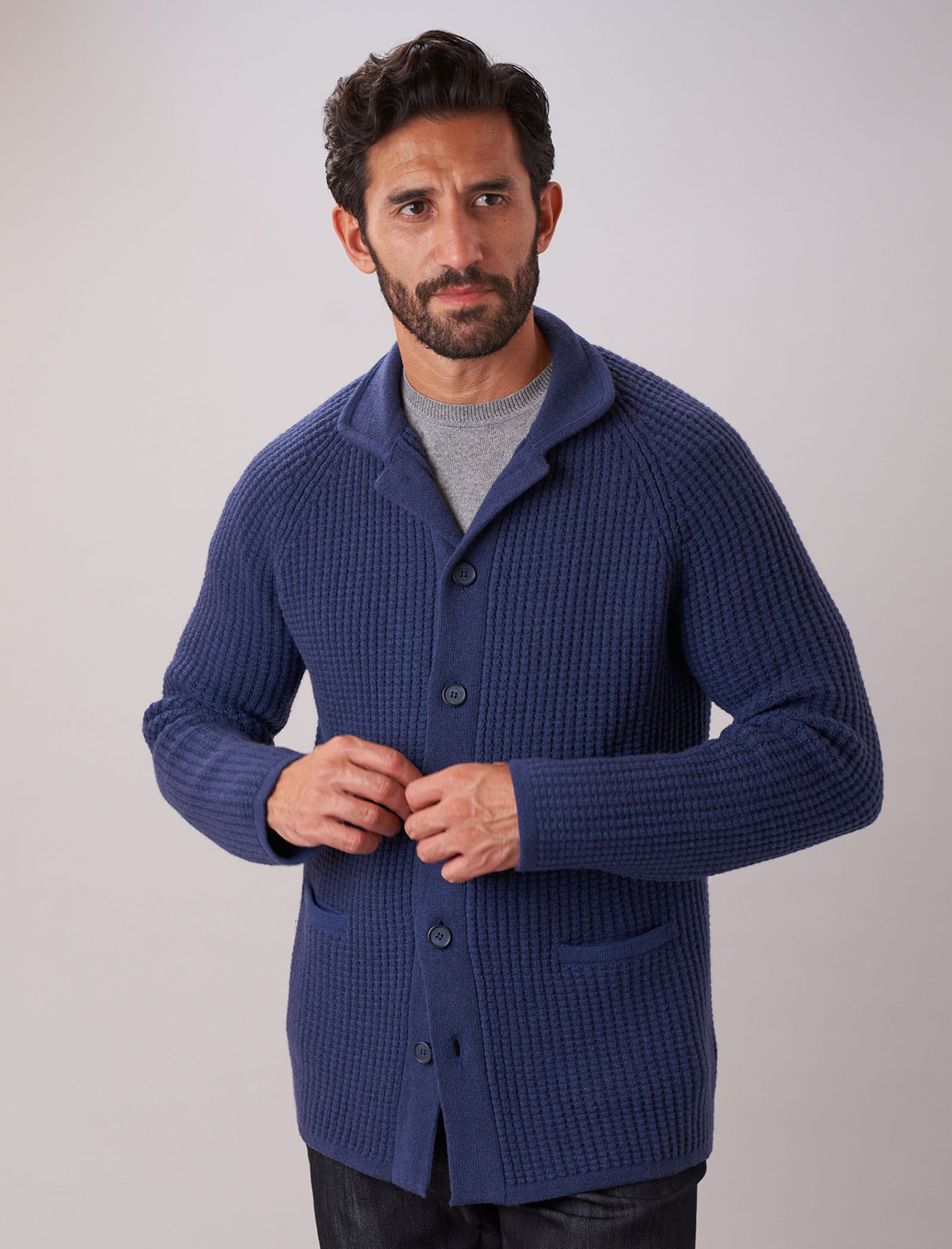 Men's Grey Blue Waffle Merino Wool & Cashmere Knitted Overshirt
