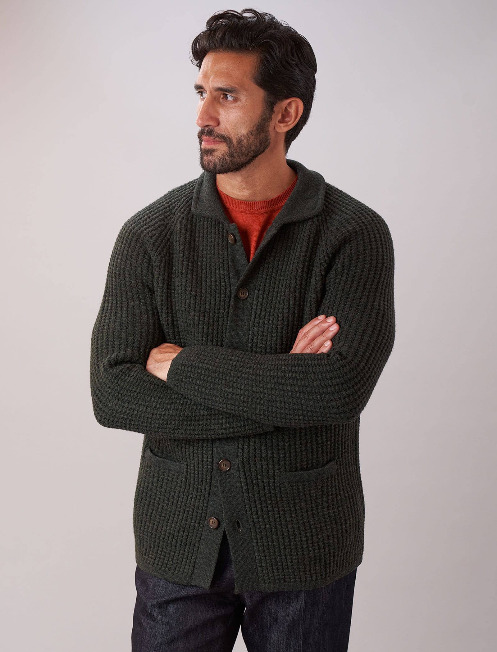 Dark Olive Green Waffle Merino Wool & Cashmere Knitted Overshirt | 40 Colori