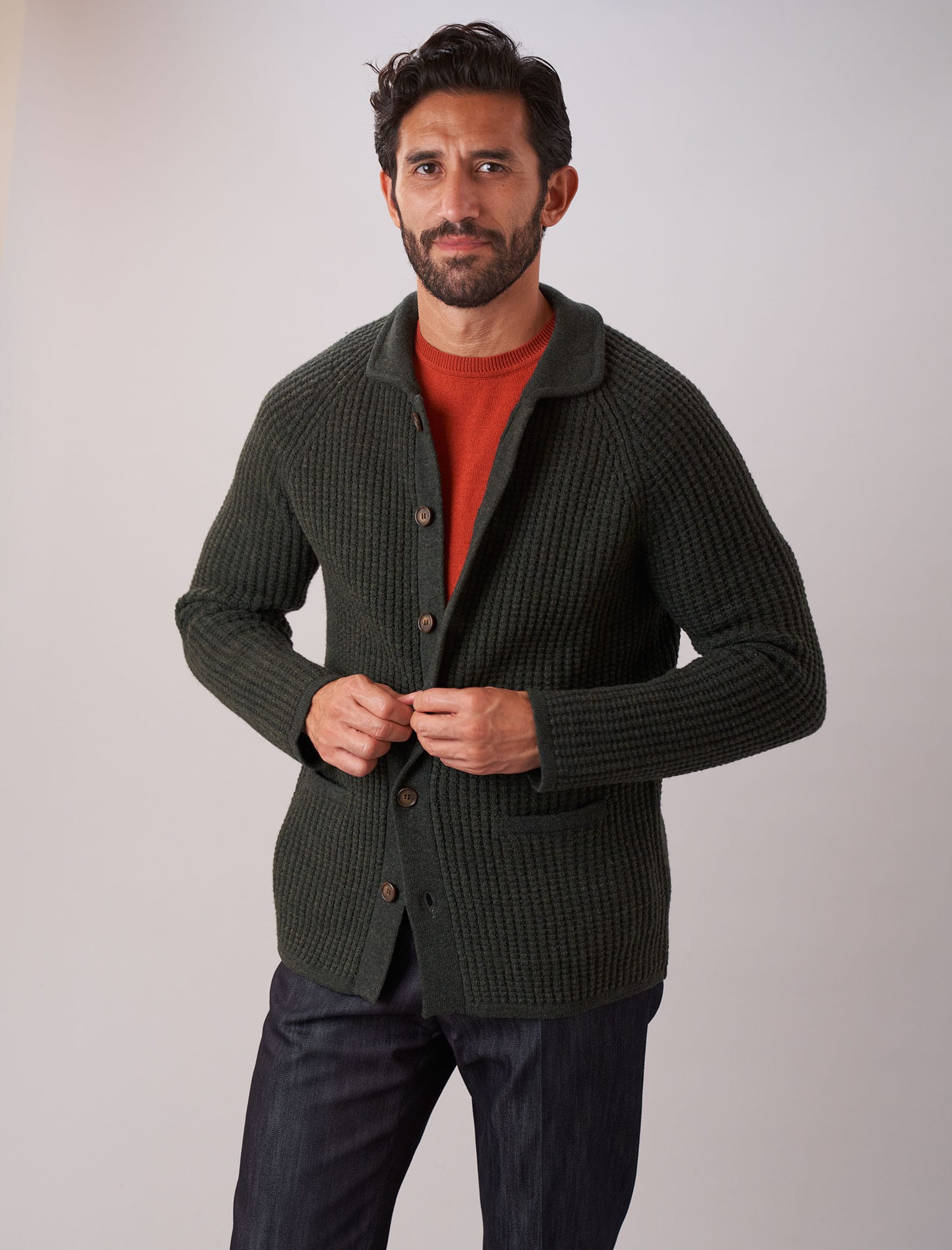 Dark Olive Green Waffle Merino Wool & Cashmere Knitted Overshirt | 40 Colori