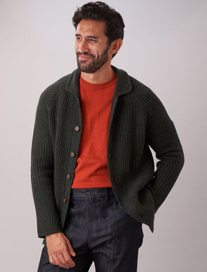 Dark Olive Green Waffle Merino Wool & Cashmere Knitted Overshirt | 40 Colori