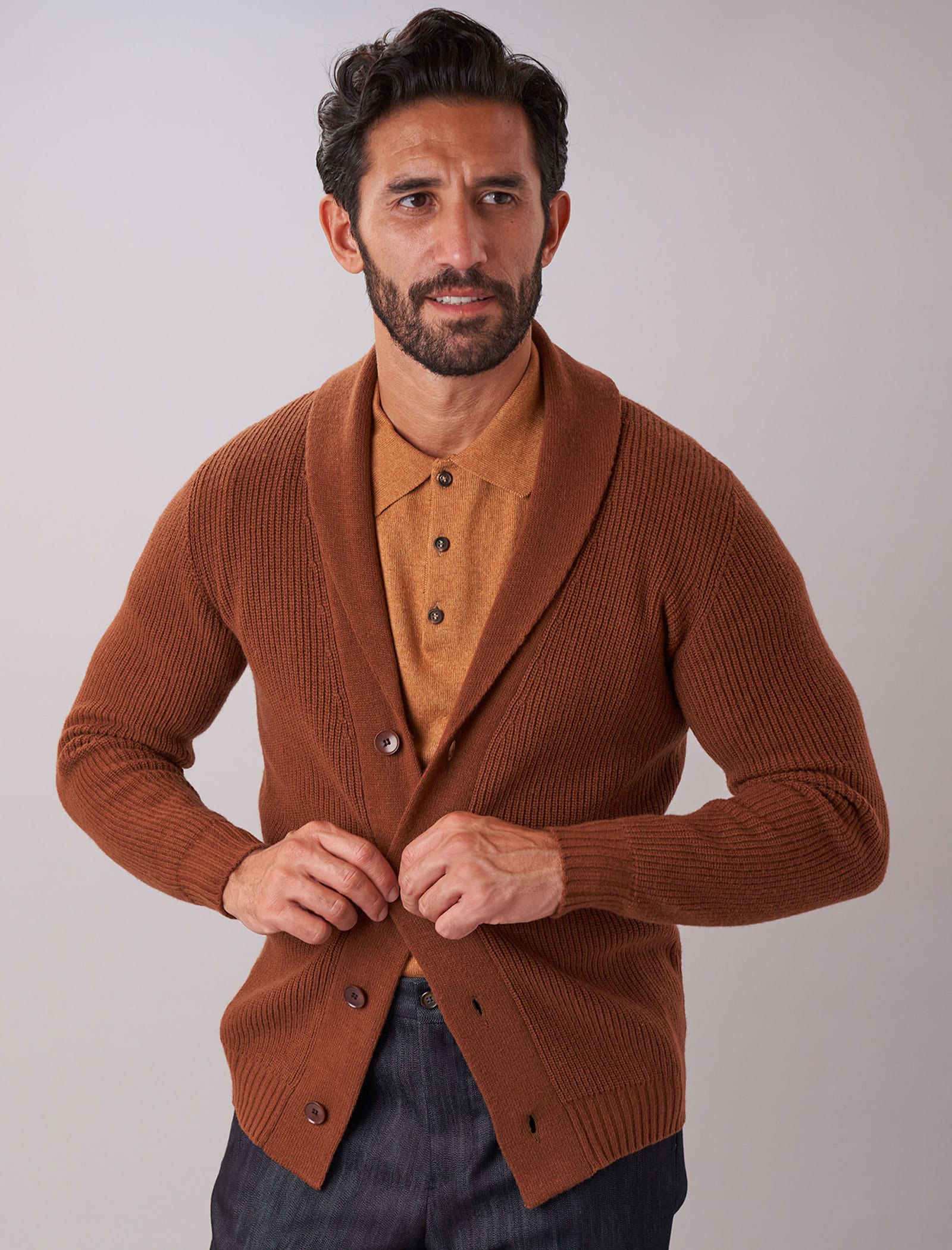 Men's Chocolate Brown Ribbed Shawl Neck Wool & Cashmere Cardigan