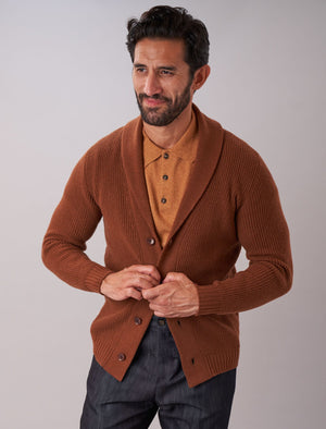 Chocolate Brown Ribbed Shawl Neck Wool & Cashmere Cardigan | 40 Colori