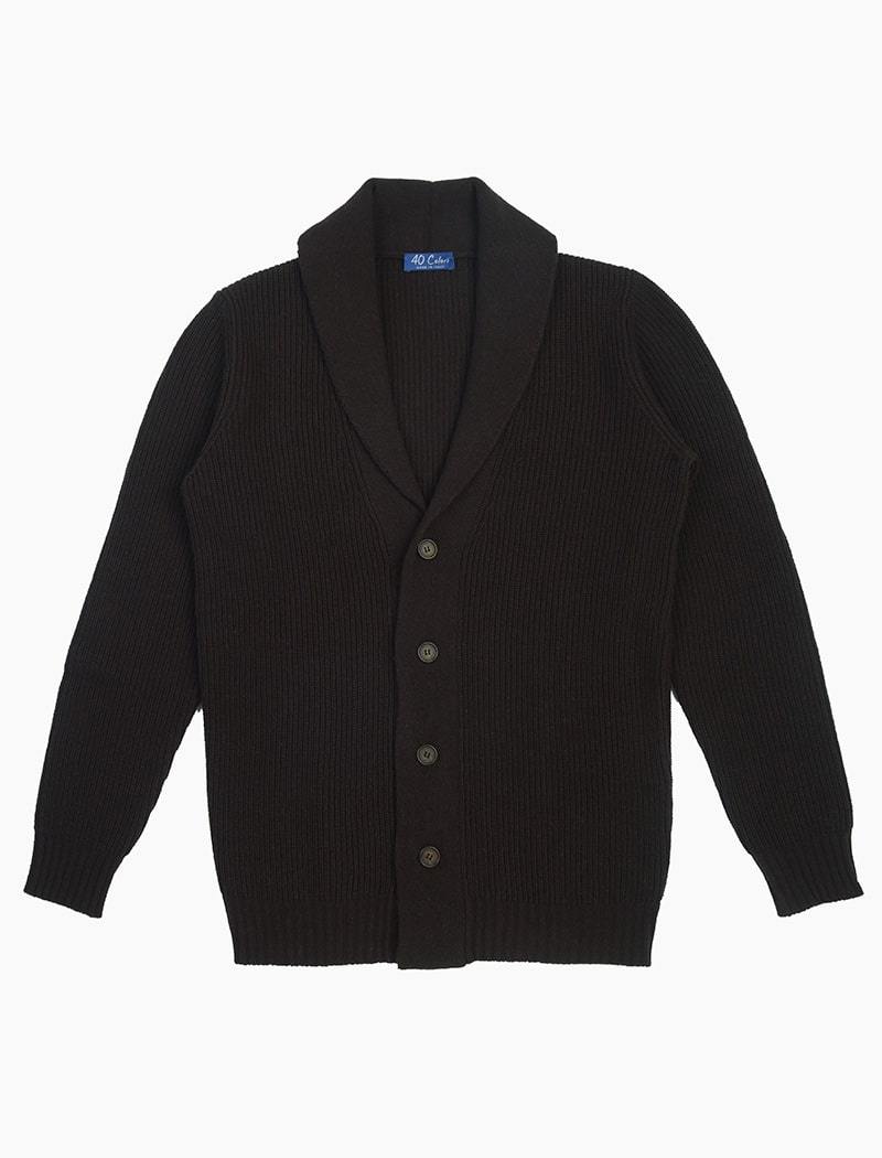 Dark Brown Ribbed Shawl Neck Wool & Cashmere Cardigan | 40 Colori