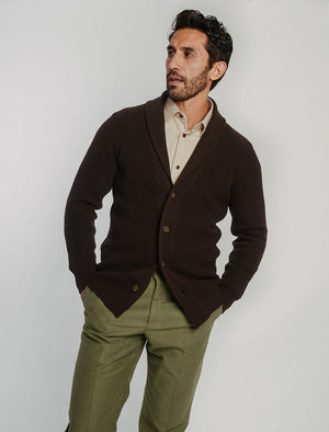 Dark Brown Ribbed Shawl Neck Wool & Cashmere Cardigan | 40 Colori