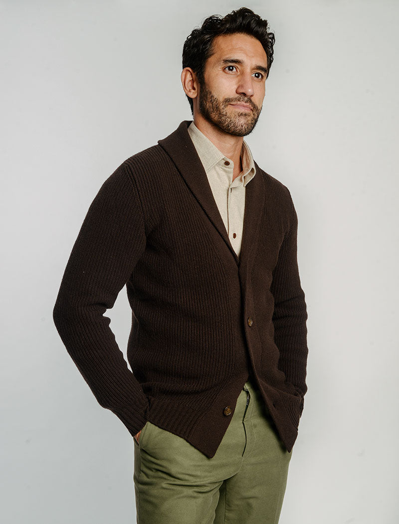 Dark Brown Ribbed Shawl Neck Wool & Cashmere Cardigan | 40 Colori