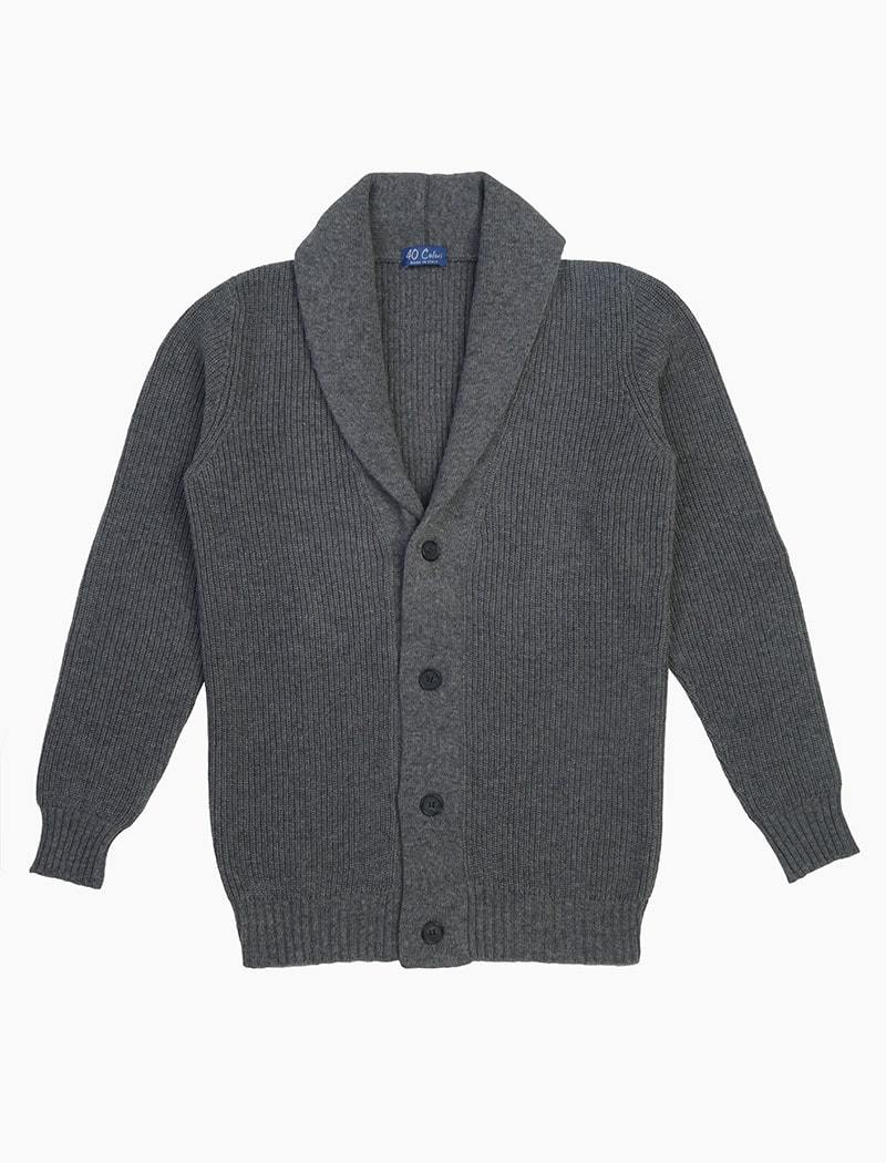 Grey Ribbed Shawl Neck Wool & Cashmere Cardigan | 40 Colori