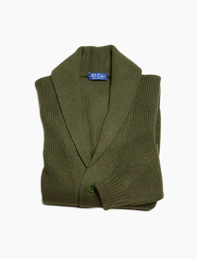 Olive Green Ribbed Shawl Neck Wool & Cashmere Cardigan - 40 Colori