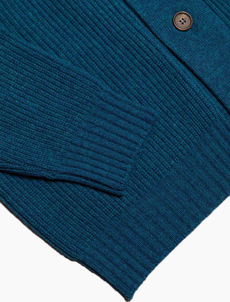 Petrol Blue Ribbed Shawl Neck Wool & Cashmere Cardigan | 40 Colori