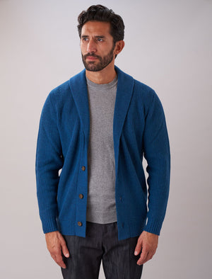 Petrol Blue Ribbed Shawl Neck Wool & Cashmere Cardigan | 40 Colori