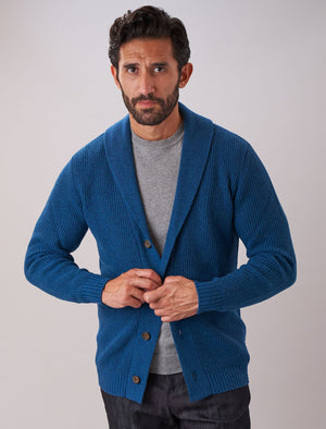 Petrol Blue Ribbed Shawl Neck Wool & Cashmere Cardigan | 40 Colori