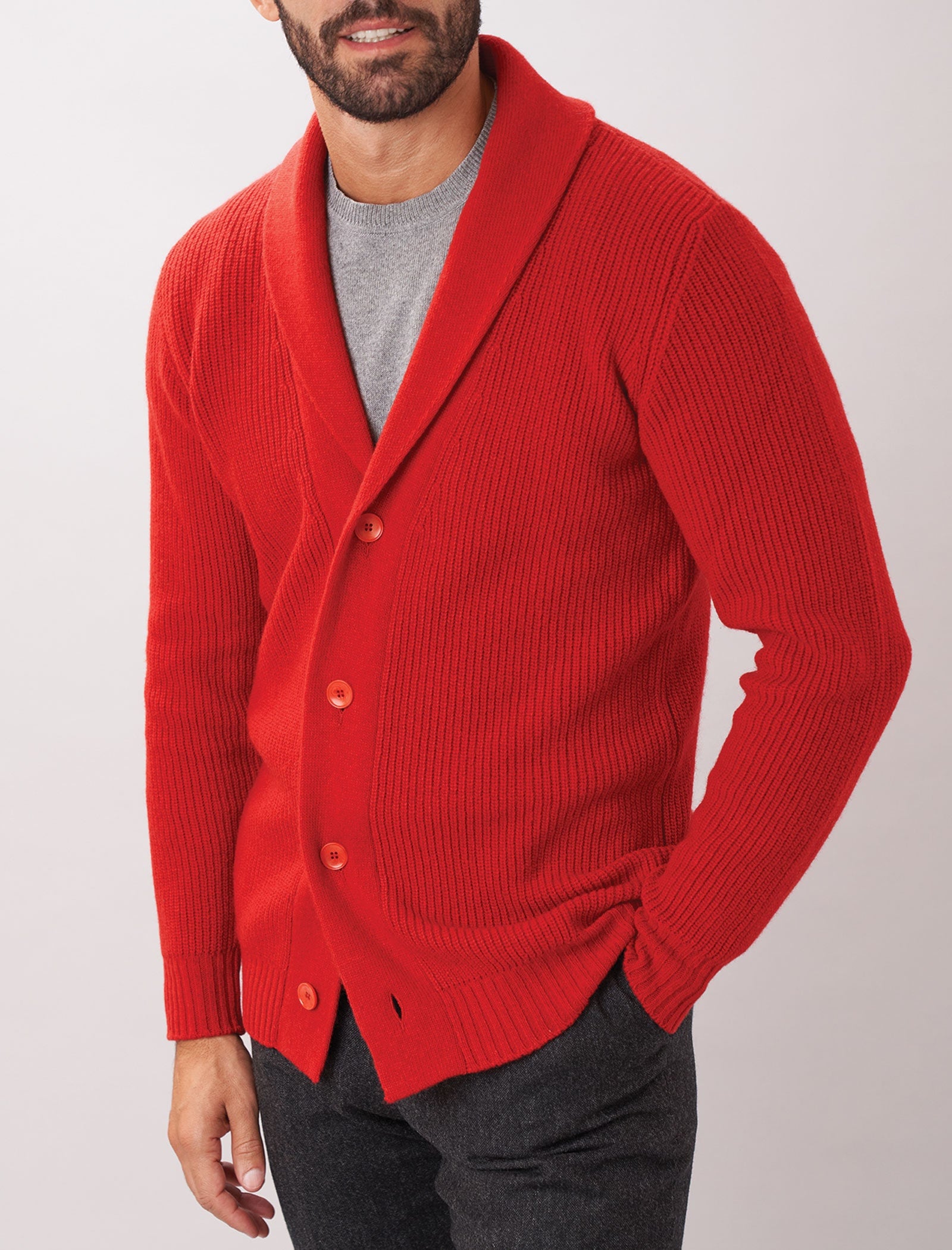 Red Ribbed Shawl Neck Wool & Cashmere Cardigan | 40 Colori