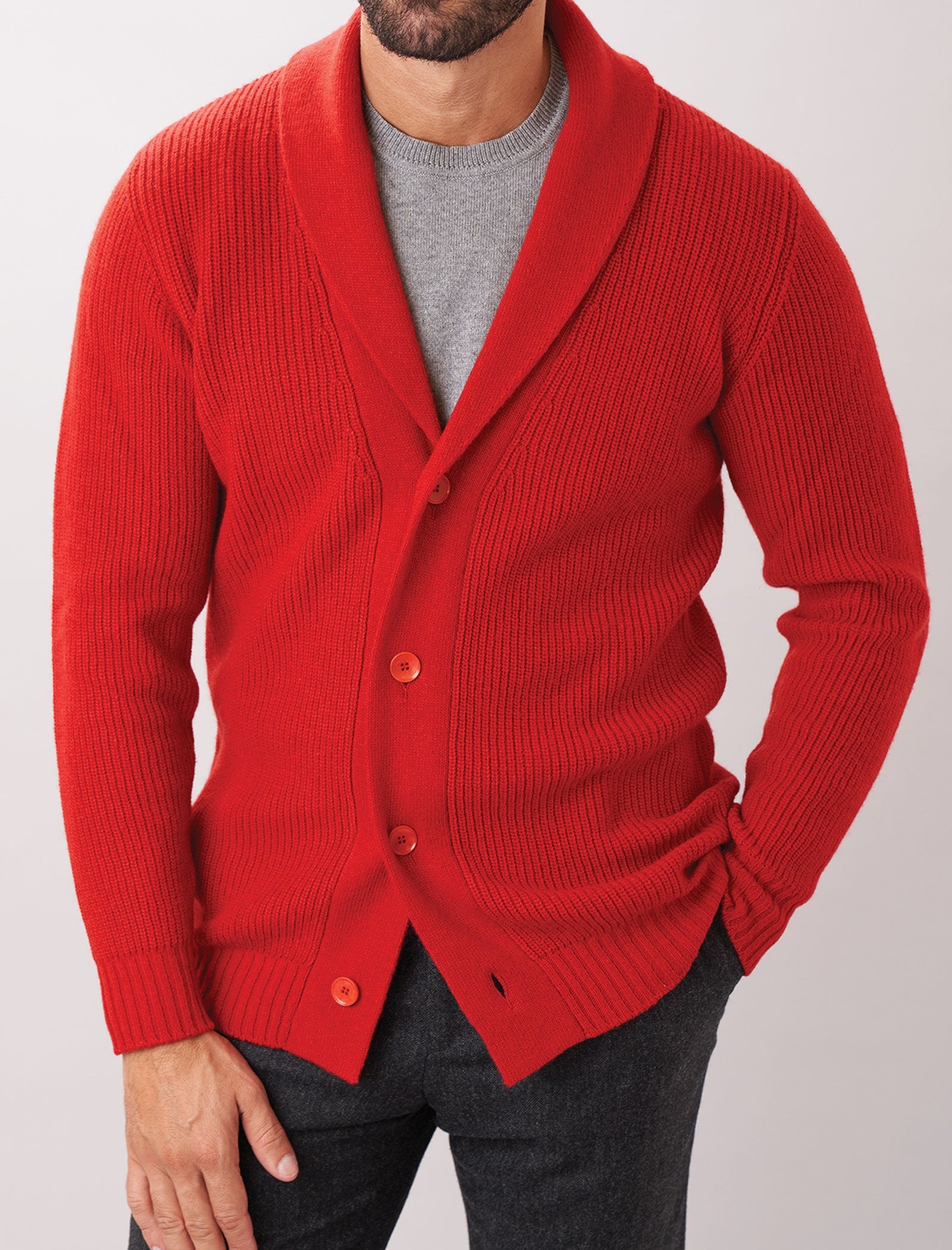 Red Ribbed Shawl Neck Wool & Cashmere Cardigan | 40 Colori