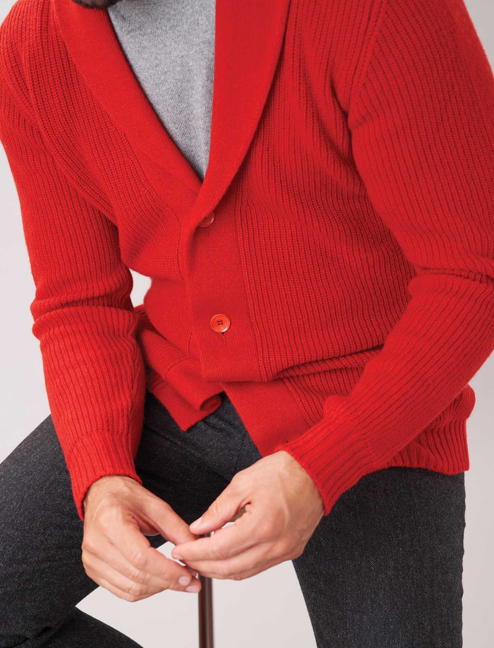 Red Ribbed Shawl Neck Wool & Cashmere Cardigan | 40 Colori