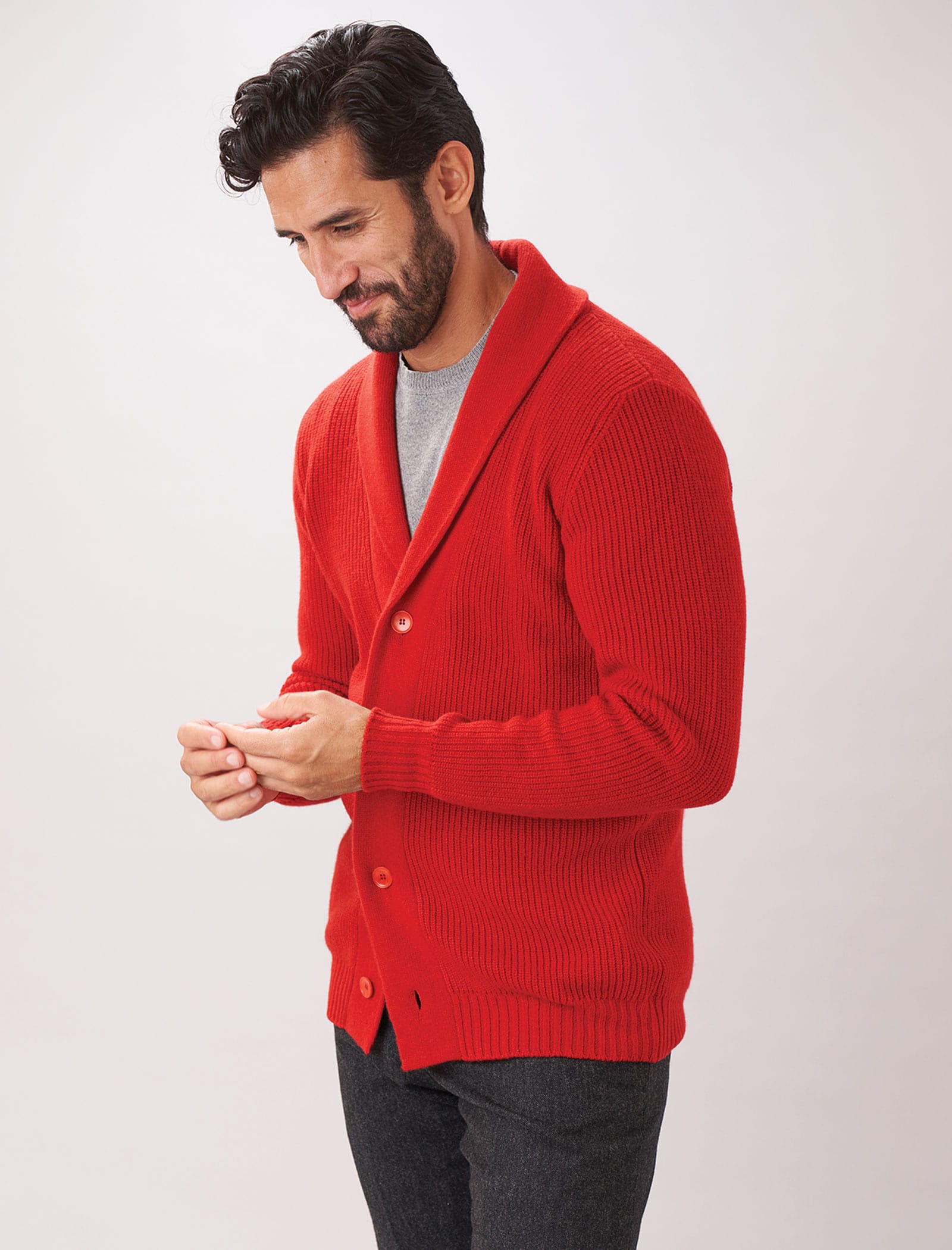Red Ribbed Shawl Neck Wool & Cashmere Cardigan | 40 Colori
