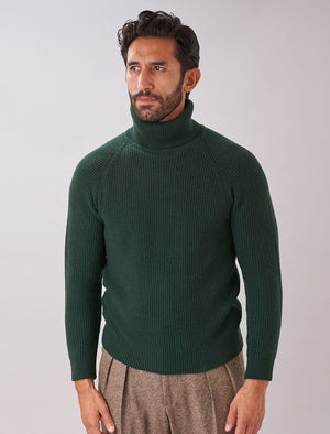 Men's Dark Green Ribbed Wool & Cashmere Roll Neck Jumper - 40 Colori