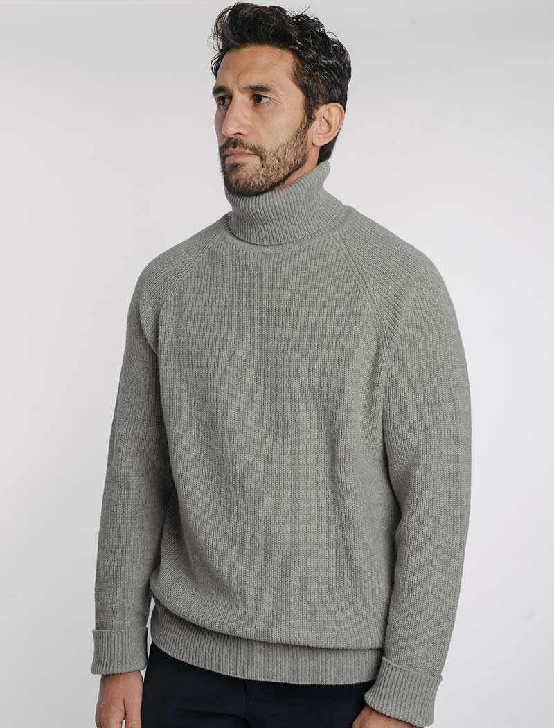 Men's Grey Ribbed Wool & Cashmere Roll Neck Jumper - 40 Colori