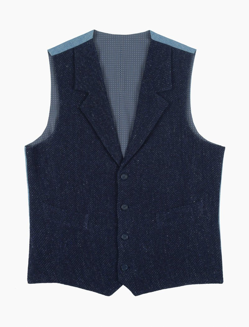 Blue Knitted Linen Fabric & Denim Classic Waistcoat | 40 Colori