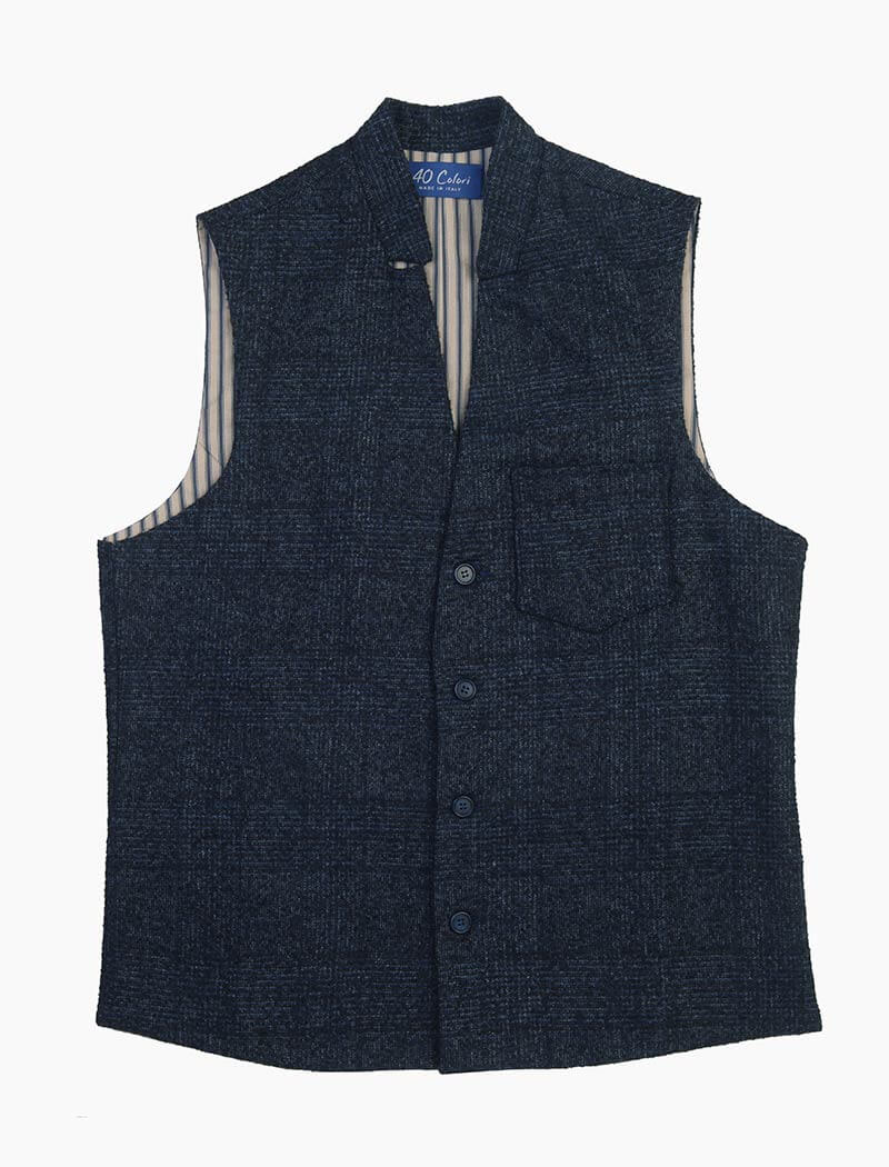 Blue & Black Prince Of Wales Wool Mandarin Waistcoat | 40 Colori