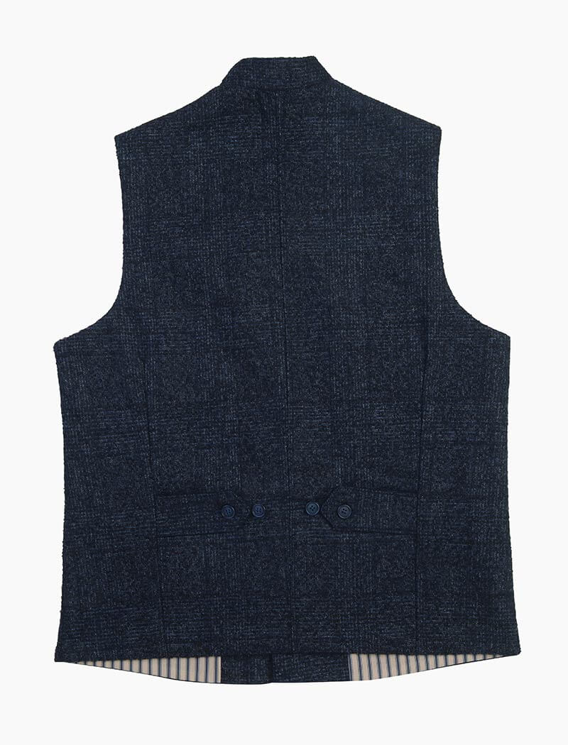 Blue & Black Prince Of Wales Wool Mandarin Waistcoat | 40 Colori