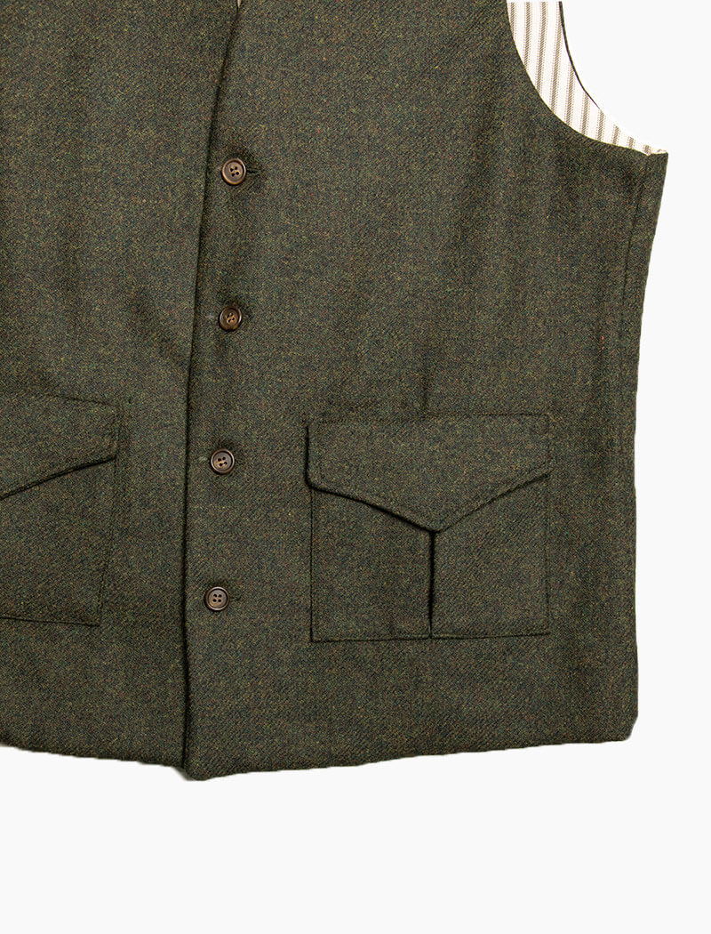 Green Melange Twill Lambswool Mandarin Waistcoat | 40 Colori