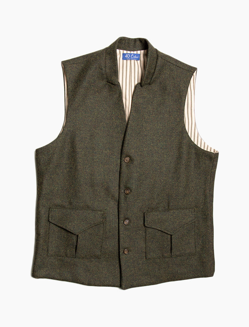 Green Melange Twill Lambswool Mandarin Waistcoat | 40 Colori