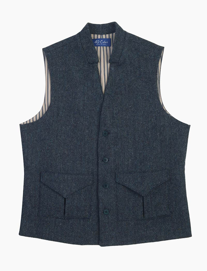 Teal Melange Herringbone Wool Waistcoat | 40 Colori
