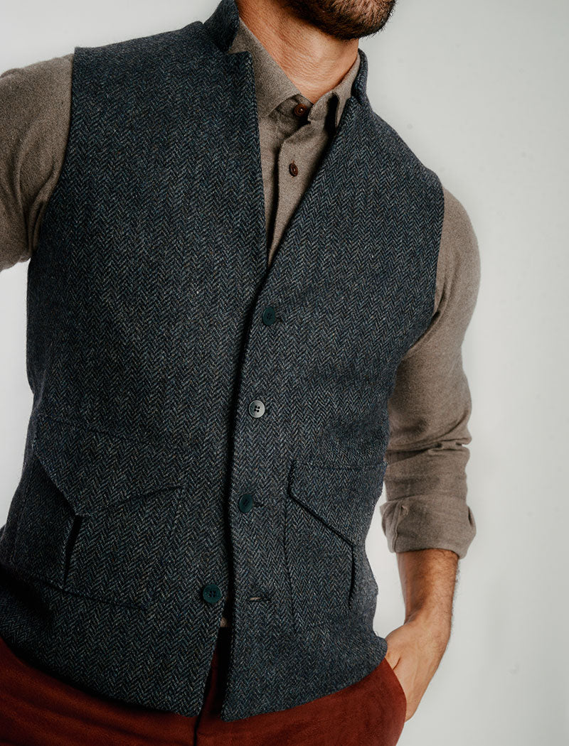 Teal Melange Herringbone Wool Waistcoat | 40 Colori