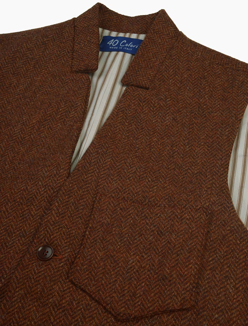 Rust Herringbone Shetland Wool Mandarin Waistcoat